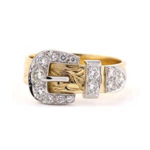 18K YELLOW & 14K WHITE GOLD RETRO VINTAGE DIAMOND BUCKLE RING