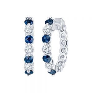 14K WHITE GOLD DIAMOND SAPPHIRE HUGGIE HOOP EARRINGS