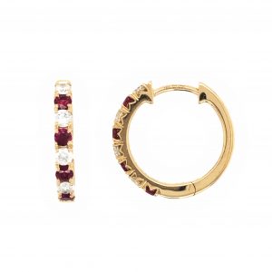 YELLOW GOLD RUBY DIAMOND HOOP EARRINGS