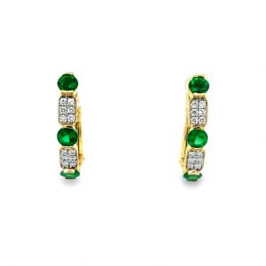 YELLOW GOLD EMERALD DIAMOND HOOP EARRINGS