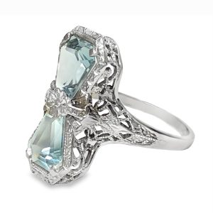 14K WHITE GOLD VINTAGE FILIGREE HEXAGONAL AQUAMARINE RING