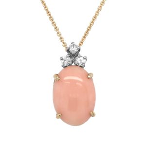 14K YELLOW GOLD VINTAGE CORAL & DIAMOND PENDANT
