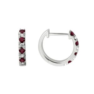 WHITE GOLD RUBY & DIAMOND HUGGIE HOOP EARRINGS