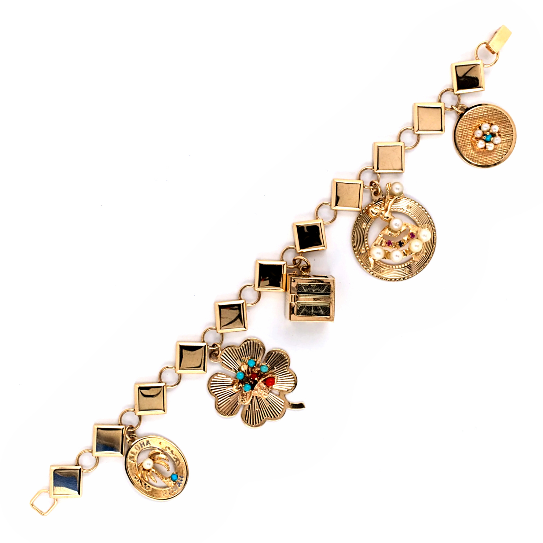 YELLOW GOLD VINTAGE ALTERNATING SQUARE LINK 5CHARM BRACELET Argo