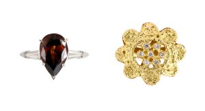Platinum vintage garnet diamond ring & yellow gold vintage diamond flower ring.