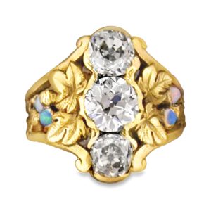 Yellow gold leaf motif 3-diamond 4-opal Art Nouveau ring.