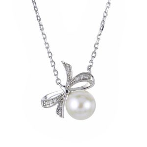 STERLING SILVER FRESHWATER CULTURED PEARL & DIAMOND BOW PENDANT