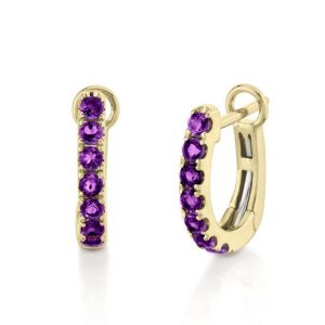 YELLOW GOLD AMETHYST HUGGIE HOOP EARRINGS