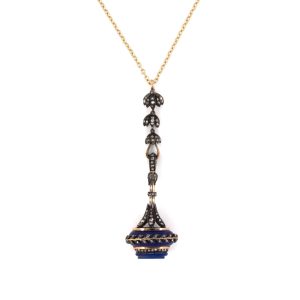 14K YELLOW GOLD & SILVER FRENCH VICTORIAN VINTAGE LAPIS & DIAMOND WATCH FOB PENDANT