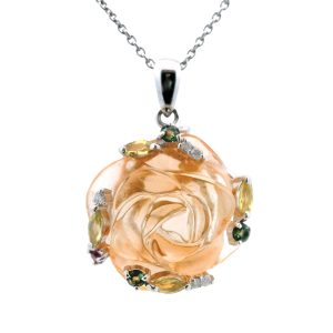 14K WHITE GOLD VINTAGE CARVED CITRINE, DIAMOND & ASSORTED GEM ROSE PENDANT