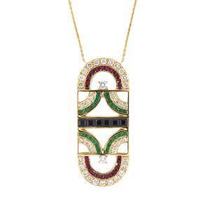 Vintage Art Deco inspired geometric pendant set with diamonds, rubies, sapphires & emeralds.