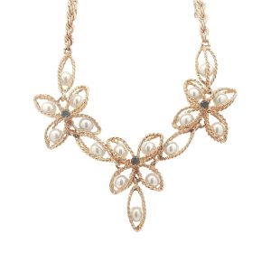 Festive 14K yellow gold necklace cultured pearls & 3 sapphires.