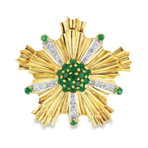 18K YELLOW GOLD & PLATINUM VINTAGE EMERALD & DIAMOND SPRAY PIN