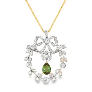 PLATINUM 18 & 14K YELLOW GOLD EDWARDIAN VINTAGE DIAMOND TOURMALINE WREATH PENDANT