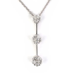 14K WHITE GOLD VINTAGE TRIPLE FLORAL DIAMOND CLUSTER PENDANT