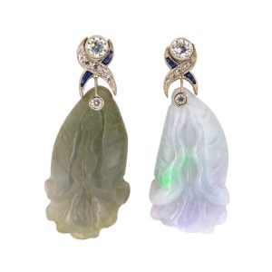PLATINUM VINTAGE DIAMOND SAPPHIRE & CARVED JADEITE FISH DANGLE EARRINGS