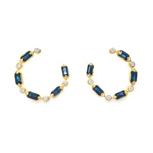 14K YELLOW GOLD SAPPHIRE & DIAMOND HOOP EARRINGS