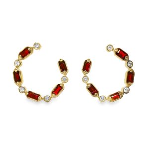 14K YELLOW GOLD RUBY & DIAMOND HOOP EARRINGS