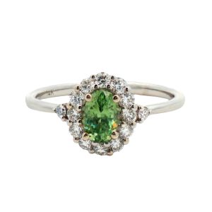 14K WHITE GOLD DEMANTOID GARNET & DIAMOND RING