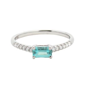 14K WHITE GOLD BLUE-GREEN TOURMALINE DIAMOND RING