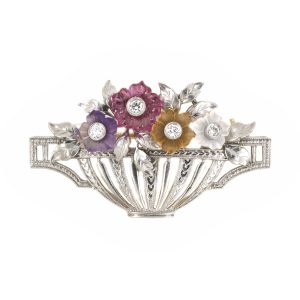 PLATINUM & 14K YELLOW GOLD ART DECO VINTAGE AMETHYST CITRINE PINK TOURMALINE MOONSTONE & DIAMOND PIN