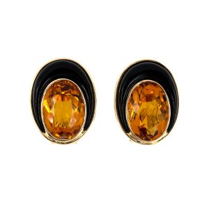 14K YELLOW GOLD VINTAGE CITRINE & BLACK ONYX OVAL EARRINGS