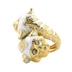 18K YELLOW & WHITE GOLD VINTAGE DIAMOND WHITE ENAMEL TIGER'S HEAD RING