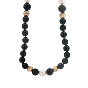 14K YELLOW GOLD BLACK CHALCEDONY PEARL NECKLACE