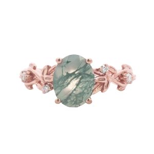 10K ROSE GOLD VINE & LEAF ENGAGEMENT STYLE MOSS AGATE DIAMOND RING