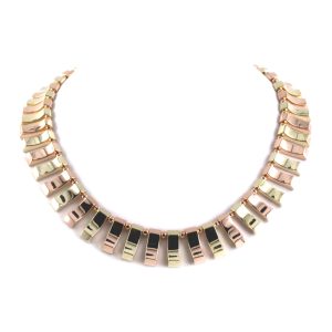 Yellow & rose gold bar & bead festoon necklace.