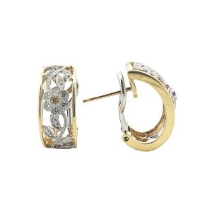 18K YELLOW & WHITE GOLD DIAMOND & YELLOW DIAMOND FLORAL HOOP EARRINGS