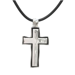 STERLING SILVER CROSS PENDANT ON LEATHER CORD