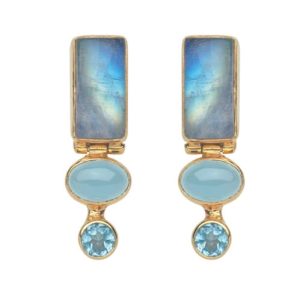 STERLING SILVER & 22K GOLD VERMEIL MOONSTONE, AGATE & BLUE TOPAZ EARRINGS