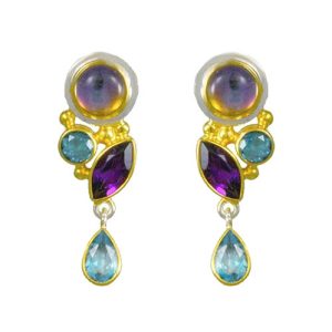 STERLING SILVER & 22K GOLD VERMEIL AMETHYST MYSTIC FIRE QUARTZ & BLUE TOPAZ EARRINGS