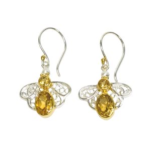 STERLING SILVER & 22K GOLD VERMEIL SMOKEY QUARTZ CITRINE BEE EARRINGS