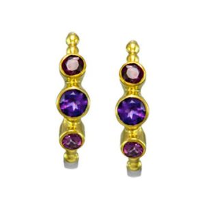 STERLING SILVER & 22K YELLOW GOLD VERMEIL RHODOLITE & AMETHYST HOOP EARRINGS