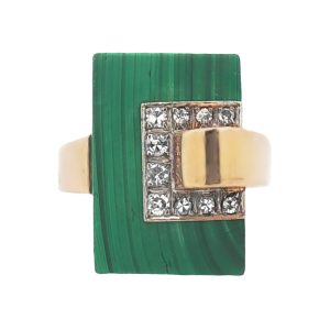 14K YELLOW & WHITE GOLD MALACHITE DIAMOND RING