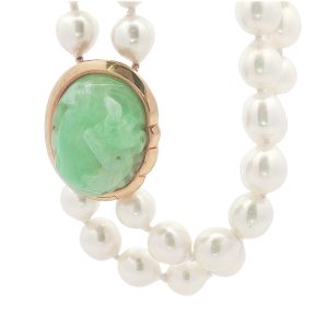 14K YELLOW GOLD DOUBLE STRAND CULTURED PEARL NECKLACE WITH CARVED JADE