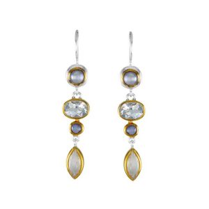 STERLING SILVER & 22K GOLD VERMEIL PEARL, WHITE TOPAZ, QUARTZ  & MOONSTONE EARRINGS