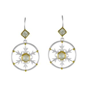 STERLING SILVER & 22K GOLD VERMEIL WHITE TOPAZ & QUARTZ DOUBLET SNOWFLAKE EARRINGS