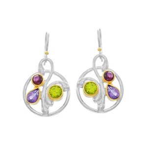 STERLING SILVER & 22K GOLD VERMEIL AMETHYST PERIDOT & RHODOLITE EARRINGS