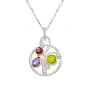 STERLING SILVER & 22K GOLD VERMEIL AMETHYST PERIDOT & RHODOLITE PENDANT