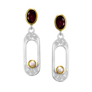 STERLING SILVER & 22K GOLD VERMEIL GARNET & CULTURED PEARL EARRINGS