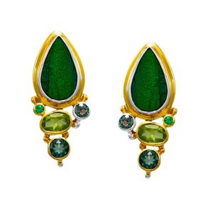STERLING SILVER & 22K GOLD VERMEIL BEETLE WING, EMERALD, PERIDOT & TOPAZ EARRINGS