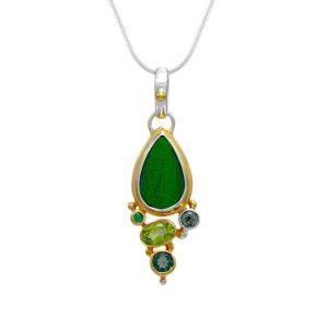 STERLING SILVER & 22K GOLD VERMEIL BEETLE WING, EMERALD, PERIDOT & TOPAZ PENDANT