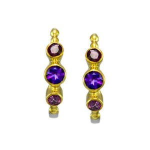 STERLING SILVER & 22K YELLOW GOLD VERMEIL RHODOLITE & AMETHYST HOOP EARRINGS
