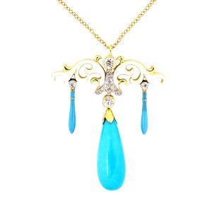 18K YELLOW GOLD & PLATINUM VINTAGE ENAMEL, DIAMOND & TURQUOISE PENDANT