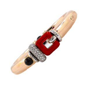 18K YELLOW & WHITE GOLD & STERLING SILVER VINTAGE ENAMEL & DIAMOND HINGED BANGLE BRACELET