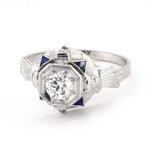 20K WHITE GOLD ART DECO VINTAGE DIAMOND & SYNTHETIC SAPPHIRE RING