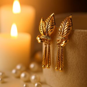 Beautiful 18K yellow white & rose gold Retro leaf earrings accented with diamonds.